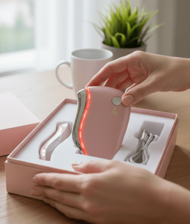 NanoSculpt™ : Déballage de l'appareil Gua Sha LED chauffant rose, unboxing premium du produit de beauté anti-âge.