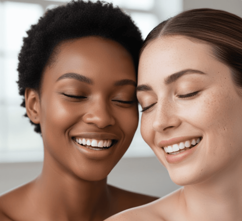 Deux amies souriantes et complices, affichant une peau éclatante et des contours sculptés après l'utilisation de l'appareil NanoSculpt™. Image de confiance et de bien-être.