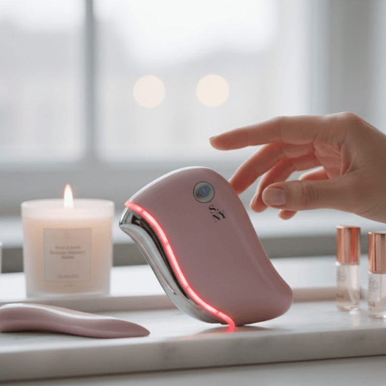 Image d'ambiance premium du NanoSculpt™ (Gua Sha LED chauffant) posé sur une surface élégante. Illustre le luxe et l'efficacité d'un rituel de beauté anti-âge à la maison.