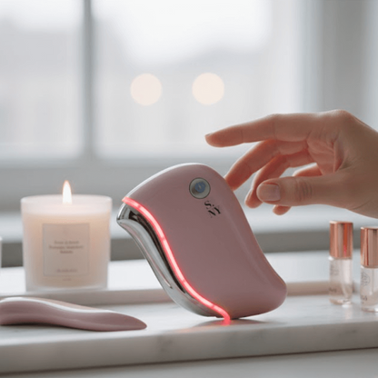 Image d'ambiance premium du NanoSculpt™ (Gua Sha LED chauffant) posé sur une surface élégante. Illustre le luxe et l'efficacité d'un rituel de beauté anti-âge à la maison.