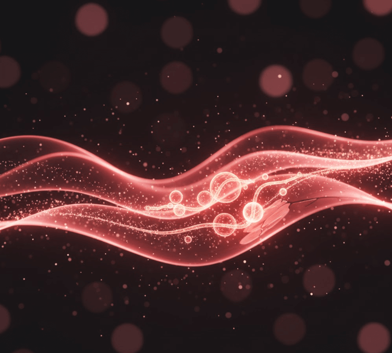 Illustration abstraite d'ondes lumineuses rouges pénétrant l'épiderme pour stimuler la production de collagène et l'effet anti-âge du NanoSculpt™.