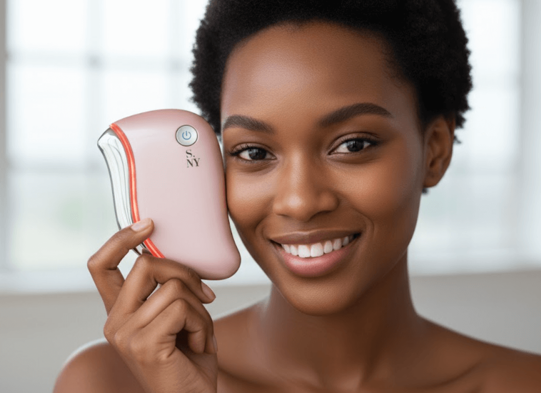 Femme métisse souriante affichant un teint éclatant et un visage raffermi, tenant l'appareil NanoSculpt™ rose. Illustre les résultats après 4 semaines d'utilisation anti-âge.