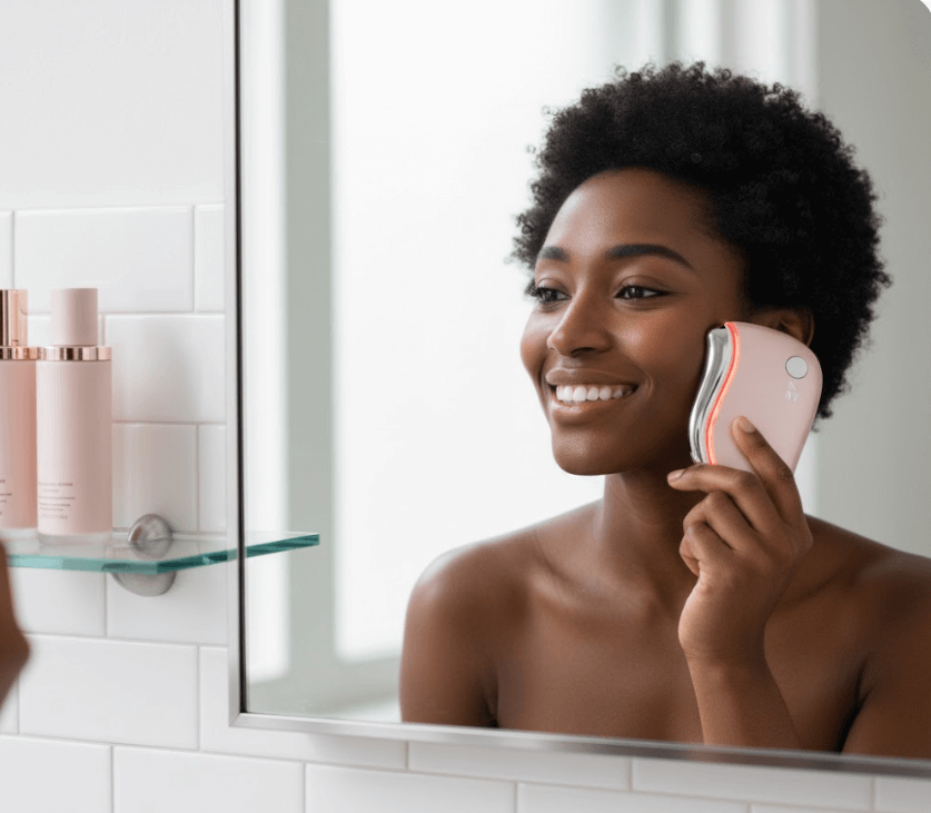 Femme métisse souriante utilisant l'appareil NanoSculpt™ rose devant le miroir de sa salle de bain. Illustre un rituel de beauté anti-âge avec Gua Sha LED chauffant pour une peau éclatante.