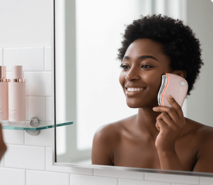 Femme métisse souriante utilisant l'appareil NanoSculpt™ rose devant le miroir de sa salle de bain. Illustre un rituel de beauté anti-âge avec Gua Sha LED chauffant pour une peau éclatante.