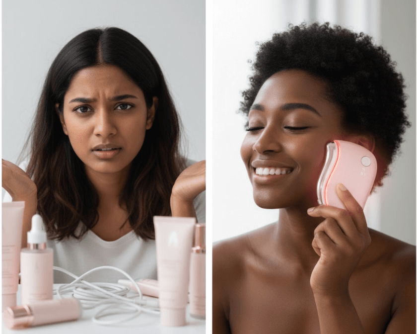Contraste entre un visage exprimant la frustration des soins complexes et un visage serein utilisant l'appareil NanoSculpt™ Gua Sha LED rose pour un soin efficace et rapide à domicile.