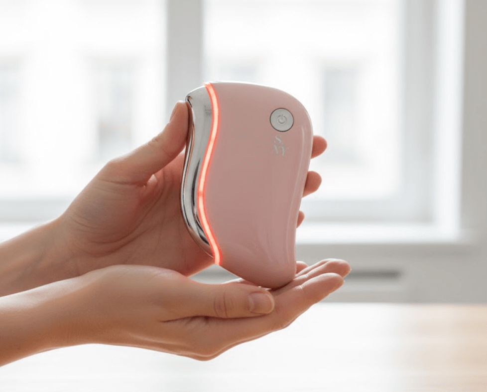 Gros plan sur l'appareil NanoSculpt™ rose tenu dans la main, illustrant la conception ergonomique, la lumière LED rouge active et la qualité professionnelle pour une utilisation facile.