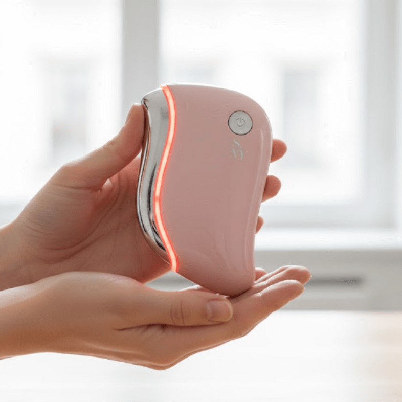 Appareil NanoSculpt™ rose poudré avec LED rouge allumée, tenu délicatement dans les mains. Met en évidence la forme ergonomique et la prise en main confortable pour un soin visage facile à domicile.