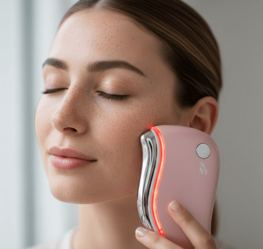 Femme utilisant l'appareil NanoSculpt™ rose pour un massage du visage, activant la thérapie LED Rouge pour le drainage et l'absorption des soins anti-âge.